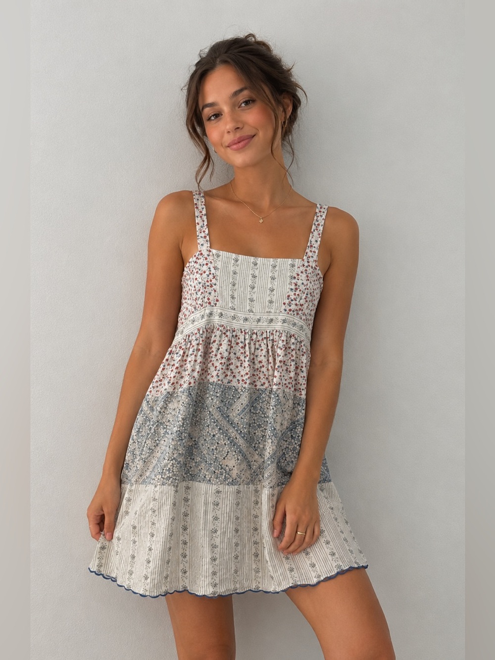 Cottage Core Patchwork Floral Striped Sundress in Cream, Blue & Red Size Small
